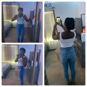 Light wash ripped skinny jeans.